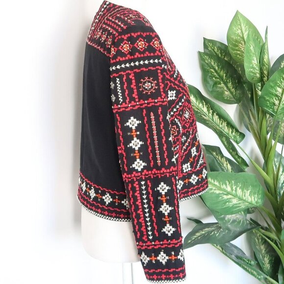 Zara Black Red Embroidered Beaded Open Front Crop Blazer Ethnic Dressy Statement - Picture 12 of 16